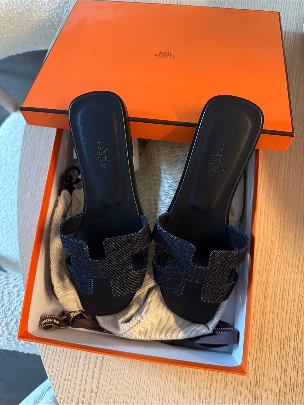 Hermes Black Slide Sandals with Dark Denim H-Strap - Picture 4 of 4